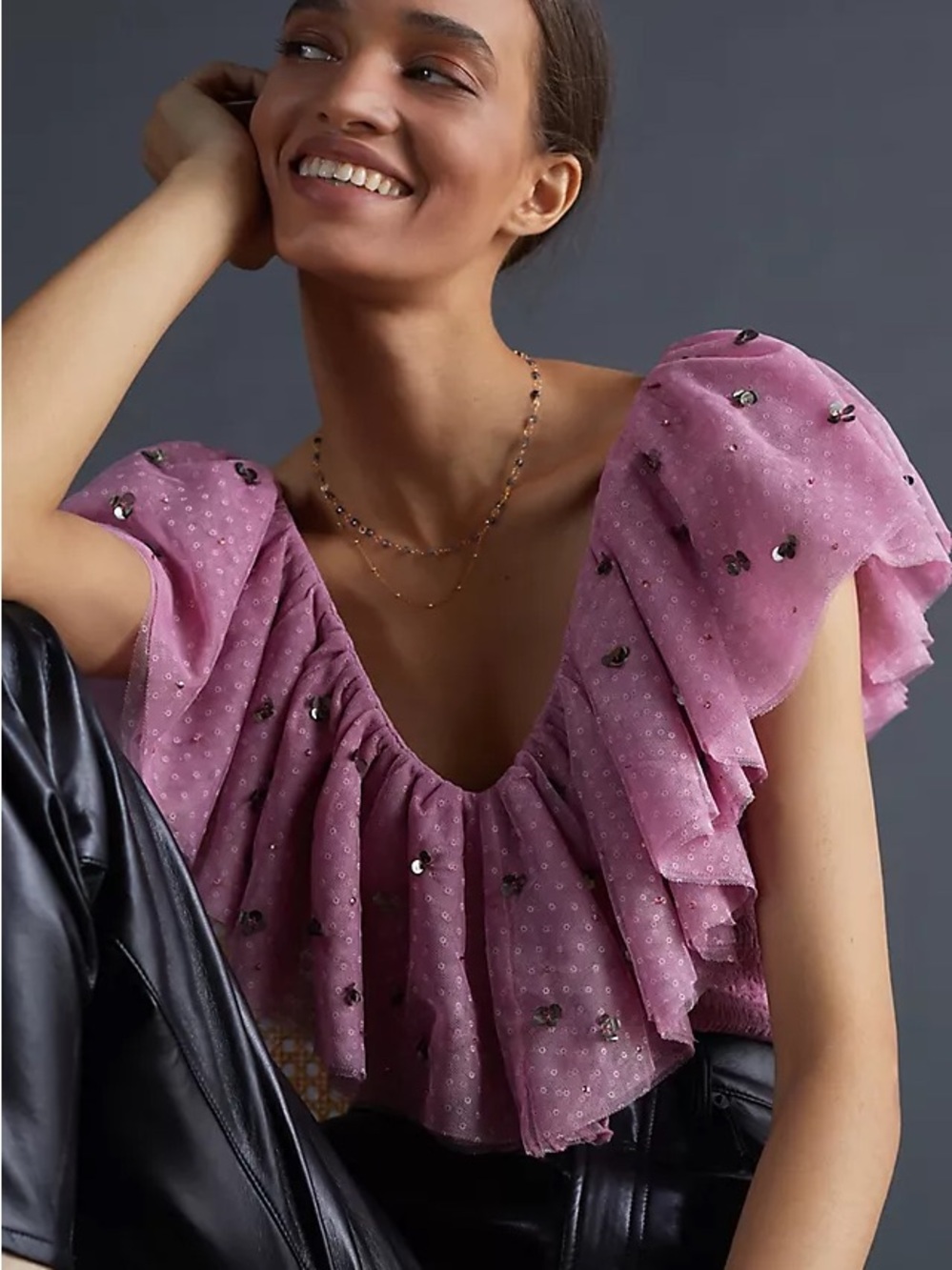 Maeve | L | Anthropologie Mauve Ruffled Puff-Sleeve Crop Top